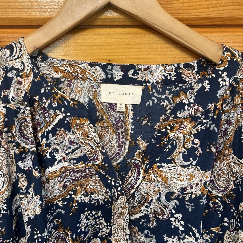 MELLODAY Paisley Tunic M Flare Blouse Empire WaistButton Up Shirt Women - Picture 2 of 4